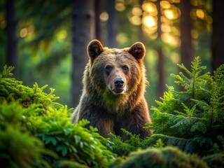 Fototapeta premium Enchanting Low Light Photography of a Colorful Bear Amidst Verdant Forest Foliage, Capturing Nature's Beauty and the Mystique of Wildlife in Serene Environments