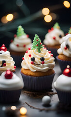 Christmas cupcakes decorated with white frosting and christmas tree.