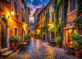 Fototapeta premium Enchanting Night View of Cozy Streets in Trastevere, Rome, Showcasing Architectural Beauty and Historic Charm in the Heart of Italy's Capital