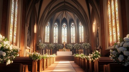 Naklejka premium Sunlit Church Wedding Venue: A Serene and Elegant Setting for a Sacred Union
