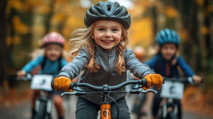 Obraz premium A joyful child riding a bike in a forest with friends, showcasing fun and adventure.
