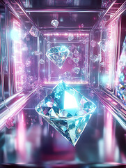 dazzling array of floating diamonds in futuristic, neon lit tunnel creates mesmerizing and surreal atmosphere. vibrant colors and reflections enhance sense of wonder and luxury