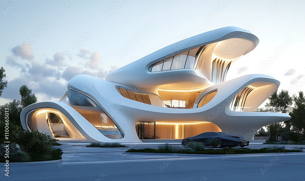 Poster a futuristic architectural design featuring flowing shapes and large windows, illuminated at dusk.
