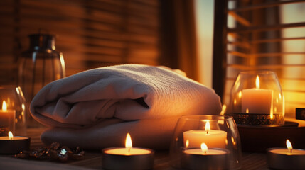 A luxurious spa setting featuring a white towel, a serene bathroom ambiance, soft candlelight, and elements of relaxation such as a massage and soothing bath.