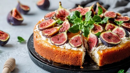A moist ricotta cake with honey drizzle and fresh figs on top 