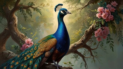Fototapeta premium Majestic peacock perched on a tree branch amidst lush foliage and vibrant flowers.