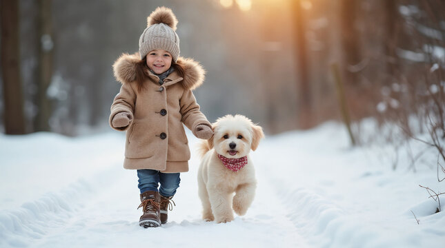 happy child in winter clothes on winter walk with maltipoo dog in winter with snow