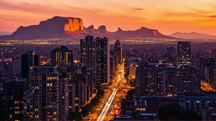 Fototapeta premium Generative AI, Cityscape at Sunset with Iconic Sandstone Monolith