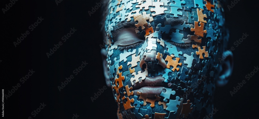 Poster puzzle face art, intricate design, human features covered with colorful puzzle pieces, expression of