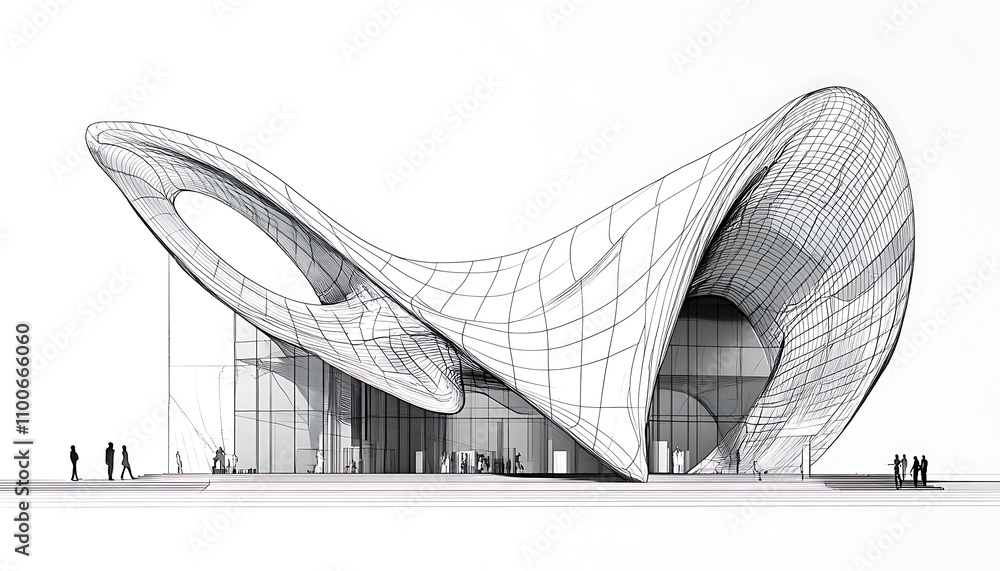 Poster a futuristic architectural design featuring fluid shapes and dynamic forms.