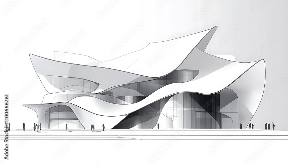 Poster a futuristic architectural design featuring flowing forms and large glass elements.