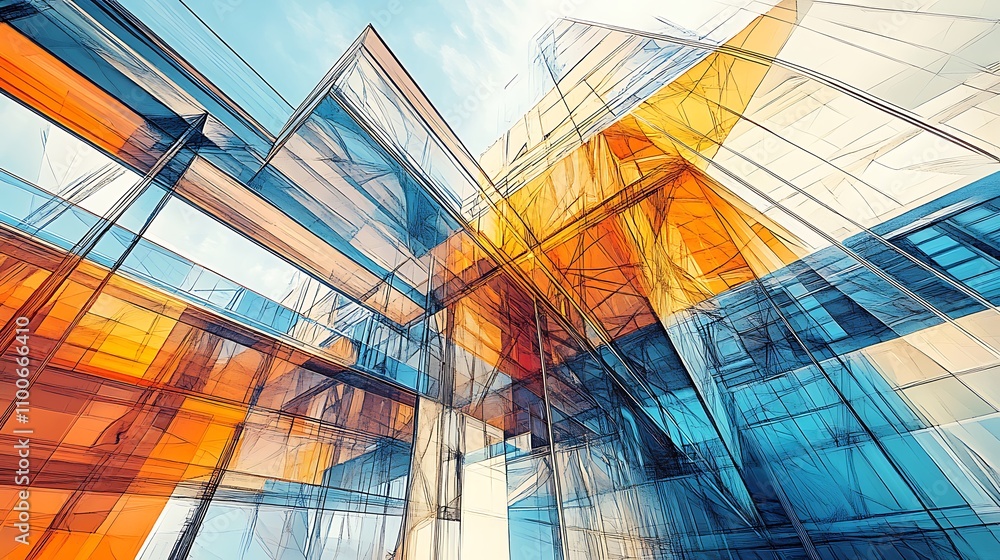 Poster abstract architectural visualization featuring intersecting lines and vibrant colors.