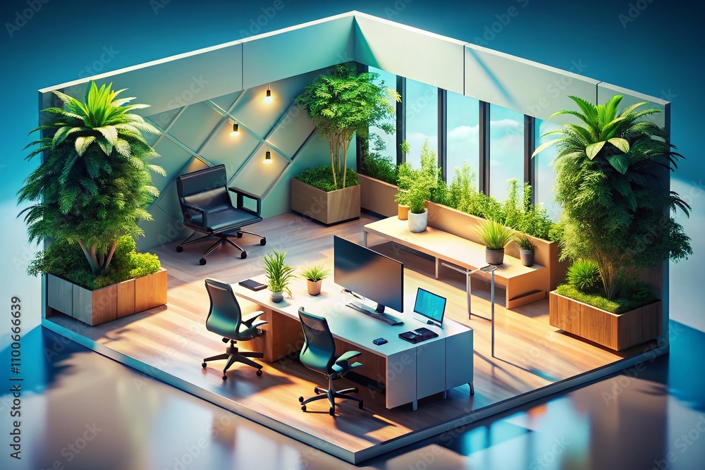 Poster exploring the futuristic world of isometric office design: a stunning 3d render front view of modern