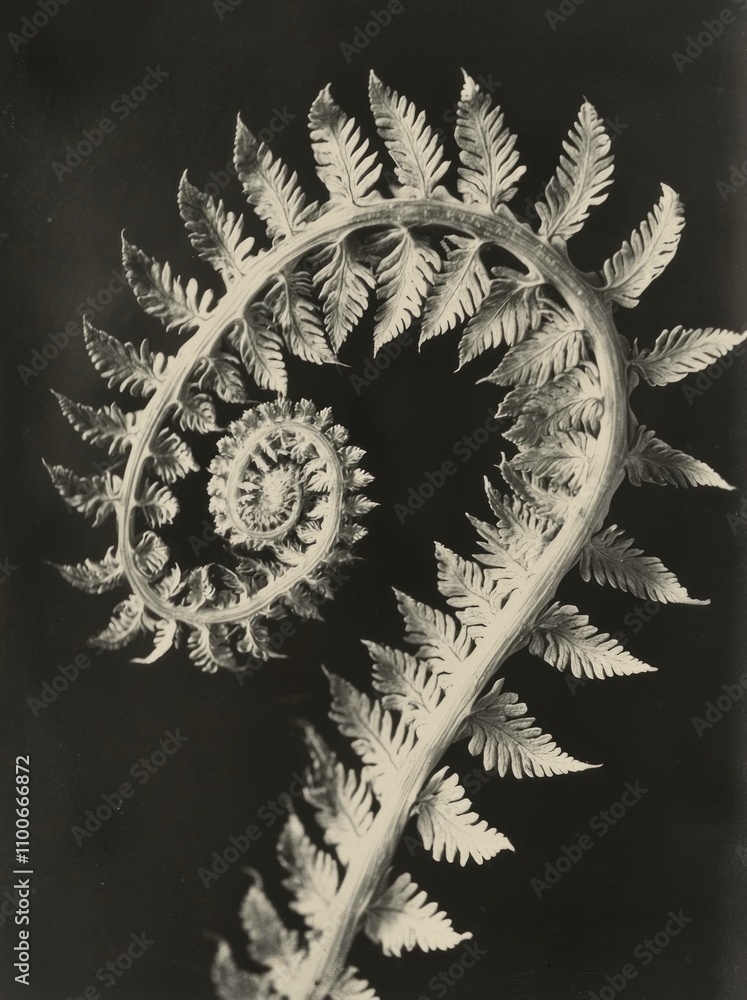 Poster elegant monochrome image of a spiraling fern frond showcasing intricate leaf patterns on a dark back