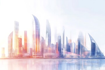 A futuristic city skyline with sleek skyscrapers and a bright, ethereal atmosphere.