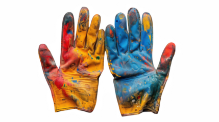 Colorful Painted Gloves, Creative Expression on Hands Isolated on white background or PNG