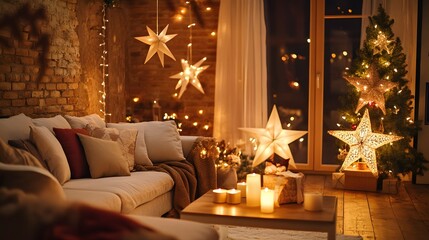 Fototapeta premium Cozy Christmas Living Room Decorated With Stars And Candles