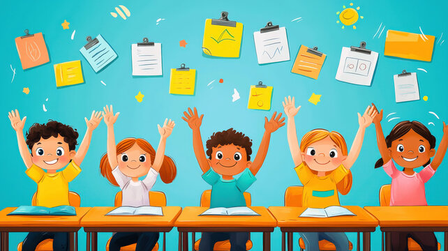 Animated illustration of diverse children enthusiastically raising their hands in a colorful classroom, symbolizing engagement and eagerness to learn.
