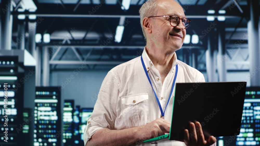 Poster seasoned computer scientist expertly managing data while navigating in industrial server room. effic