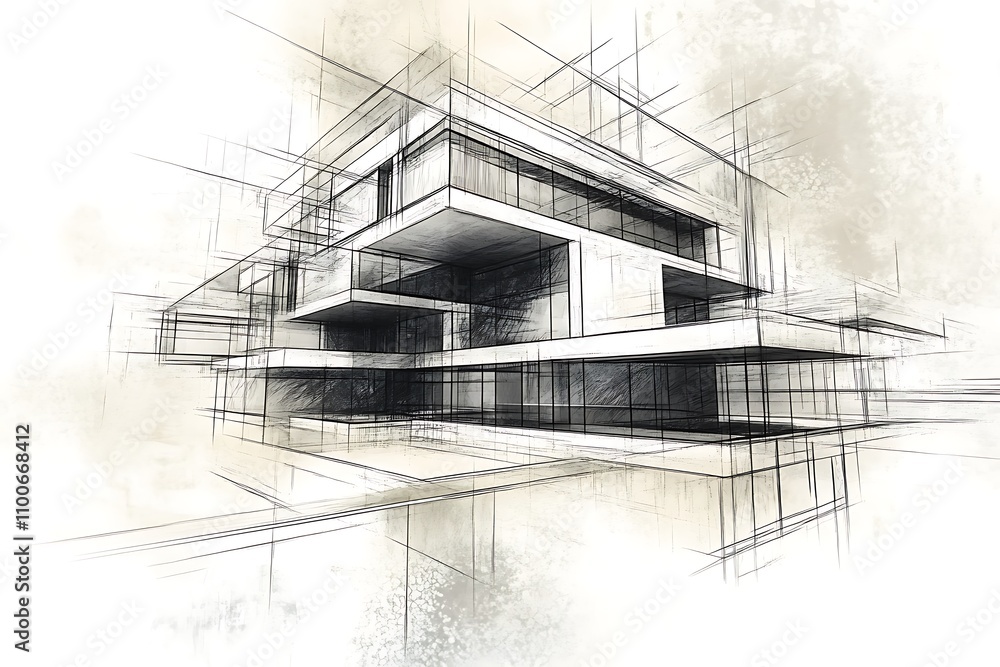 Poster a conceptual architectural sketch showcasing a modern multi-level building design.