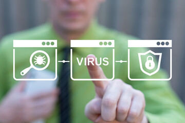 Person using virtual touch screen touches word: VIRUS. Malware Attack Virus Alert Cyber Internet Security concept. Malicious software web infection. Awareness training to protect business information.