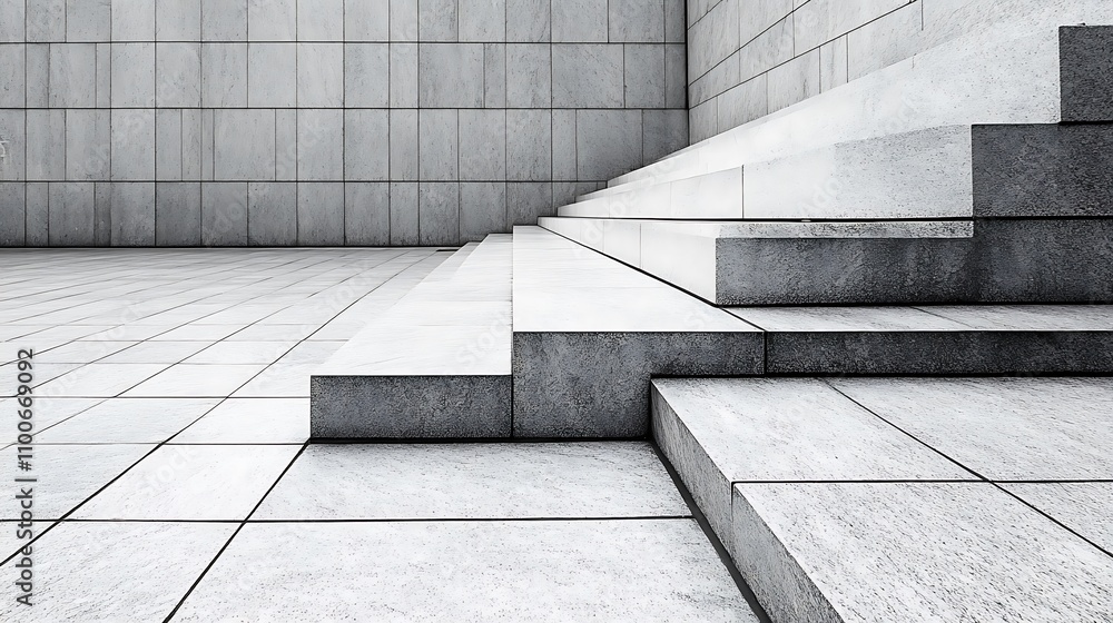 Poster a close-up view of modern concrete stairs and walls, emphasizing geometric design and texture.