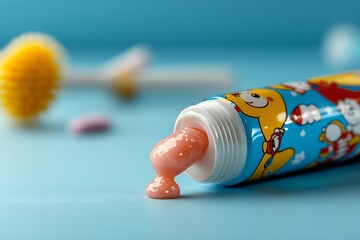 Children's Toothpaste Tube with Pink Paste and Background Elements