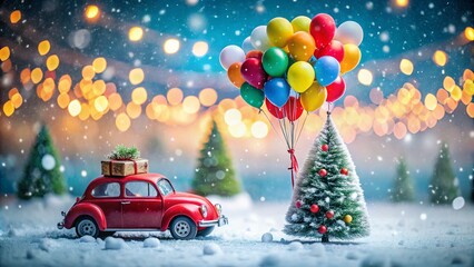 Festive Christmas Scene with Colorful Balloons, a Small Red Automobile Carrying a Christmas Tree, Snow Falling, and Bokeh Lights Creating a Magical Winter Wonderland