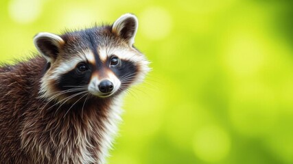 Obraz premium A curious raccoon standing on a solid green background holding a blank white advertising placard, nature, background