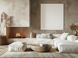 Minimalist living room interior with a fireplace. a white sofa. and a large empty picture frame above the mantel
