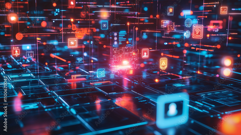 Poster abstract digital landscape. glowing nodes, interconnected lines, and application icons form a comple