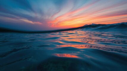 Fototapeta premium Blue sea or ocean water surface reflecting the warm hues of the sunset with underwater view of marine life, marine life, dusk