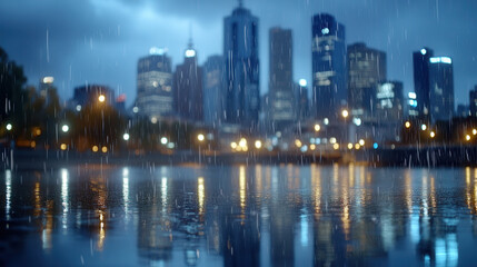 cinematic shot of city river at night, showcasing rain falling and reflections on water. skyline is illuminated by city lights, creating moody atmosphere
