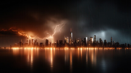 Fototapeta premium cinematic view of city skyline at night with dramatic lightning and rain, showcasing vibrant lights reflecting on water