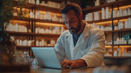 A focused pharmacist in a lab coat uses a laptop amidst shelves filled with medicine bottles, creating a modern pharmacy atmosphere.