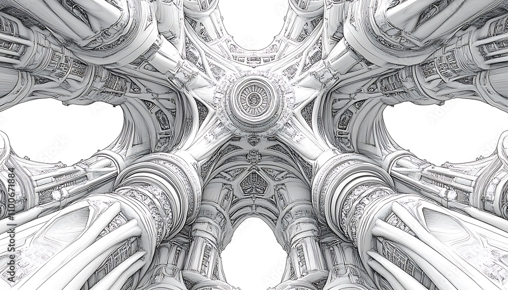 Poster intricate architectural design featuring detailed columns and arches in a symmetrical layout.