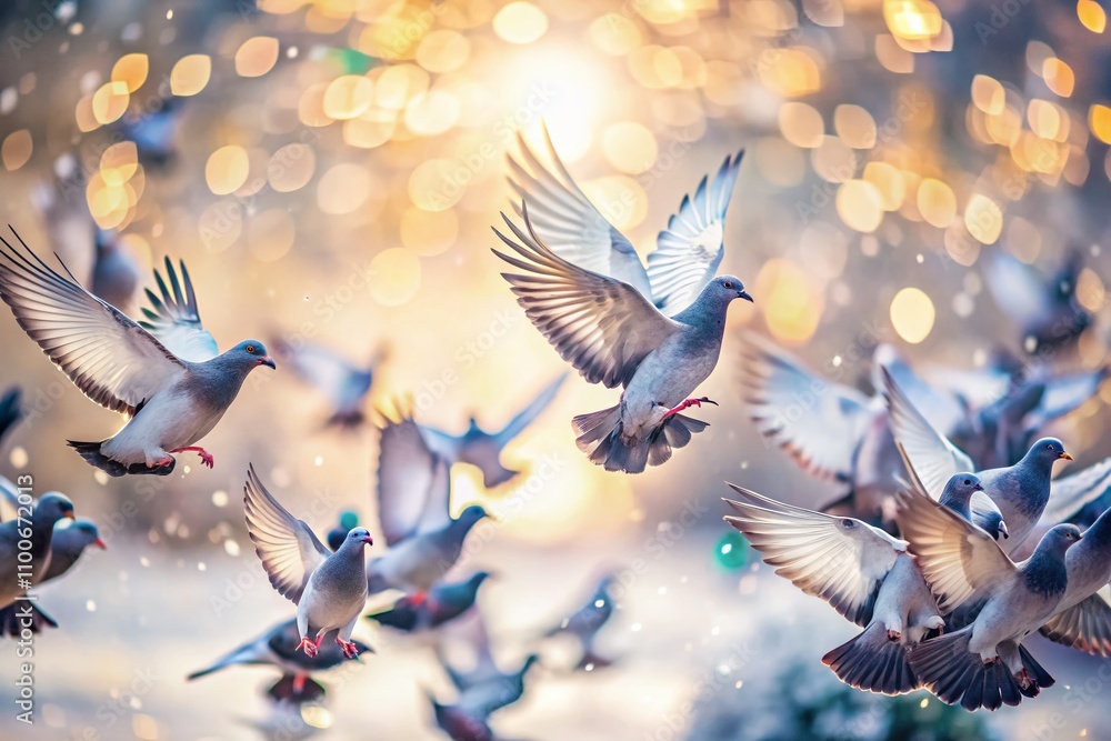 Aufkleber flock of pigeons on a white background with bokeh effect creating a dreamy atmosphere perfect for na