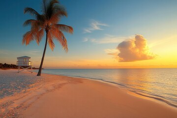 Fototapeta premium Beautiful sunrise over Bonnet Island beach with lifeguard tower and palm trees in Florida