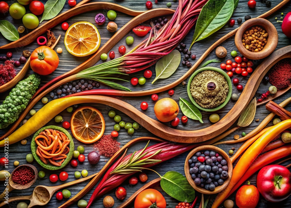 Poster flowing geometry: abstract food photography with intersecting curves and vibrant colors capturing th