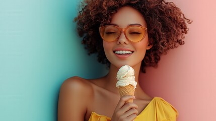 Joyful woman enjoying ice cream under bright pastel colors in a vibrant summer setting
