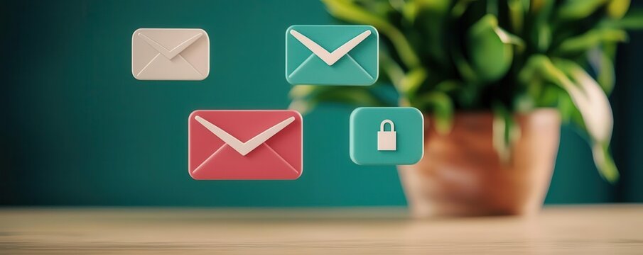 register signup concept. Floating abstract icons for email, username, and password in a surreal virtual environment