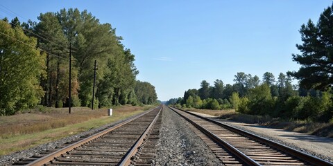 Obraz premium Railroad tracks running parallel with trees and blue sky in the background, Railway, Transportation, Train, Travel