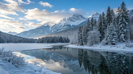 Fototapeta premium Beautiful winter landscape with a frozen lake reflecting snow-covered trees and mountains in the background, winter, landscape