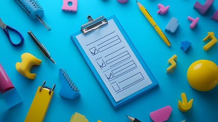 Creative stationery setup workspace flat lay bright colors design