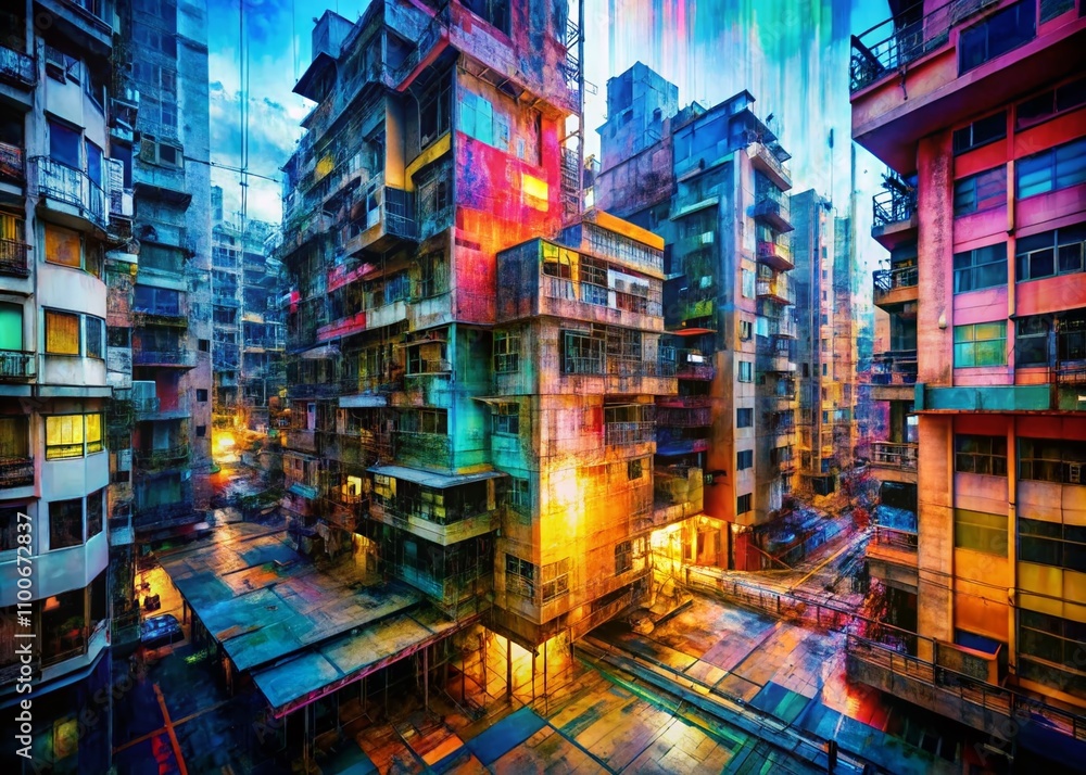 Poster frantic pixelated matrix with distressed glitch elements in architectural photography capturing the 