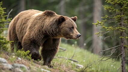Fototapeta premium A close-up photo of a brown bear in the wild , wildlife, predator, forest, nature, hairy, wilderness
