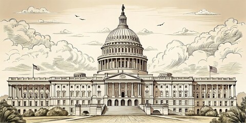 Fototapeta premium Freehand Sketch of the United States Capitol Building in Washington DC, USA - Artistic Vector Illustration Capturing Architectural Elegance and Historic Significance