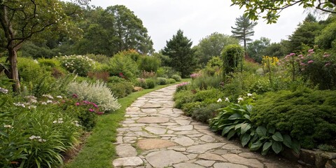 Obraz premium Stone path leading to a garden with plants, path, garden, plants, nature, outdoors, scenic, landscape, relaxation, serene