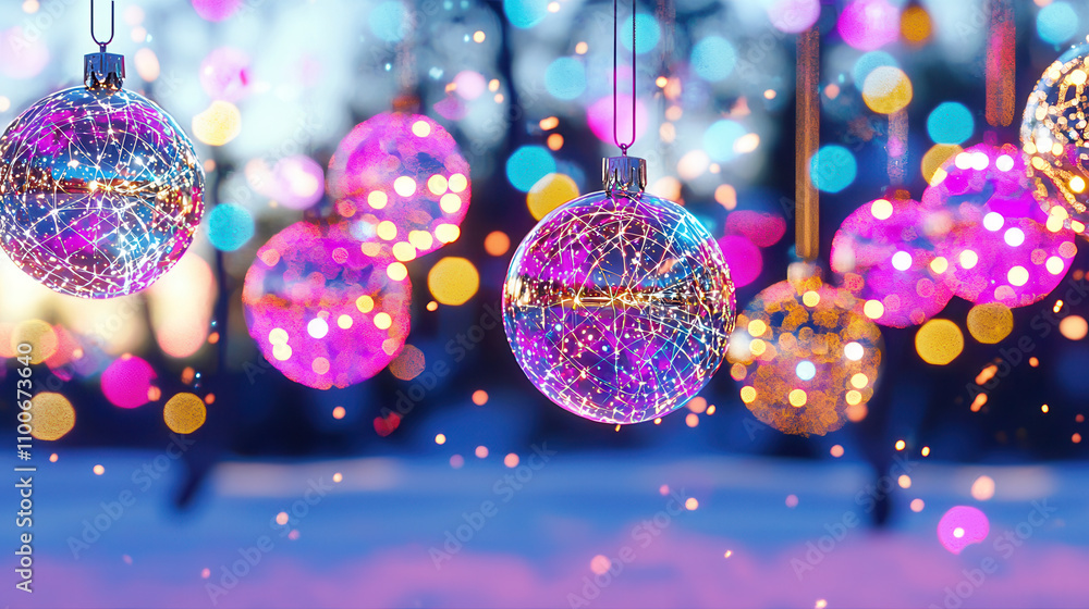 Aufkleber bright and colorful ornaments hang in winter scene, creating festive atmosphere with sparkling light