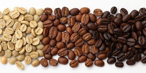 Fototapeta premium Roasted Arabica coffee beans background, Mixed roast coffee, light, medium, dark, coffee beans, Arabica